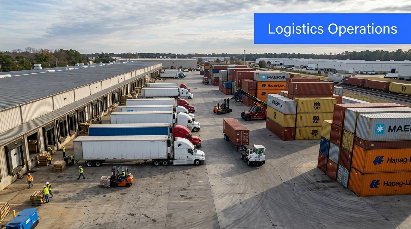 An aerial view of a busy logistics yard with shipping containers, semi-trucks, and workers loading freight.
