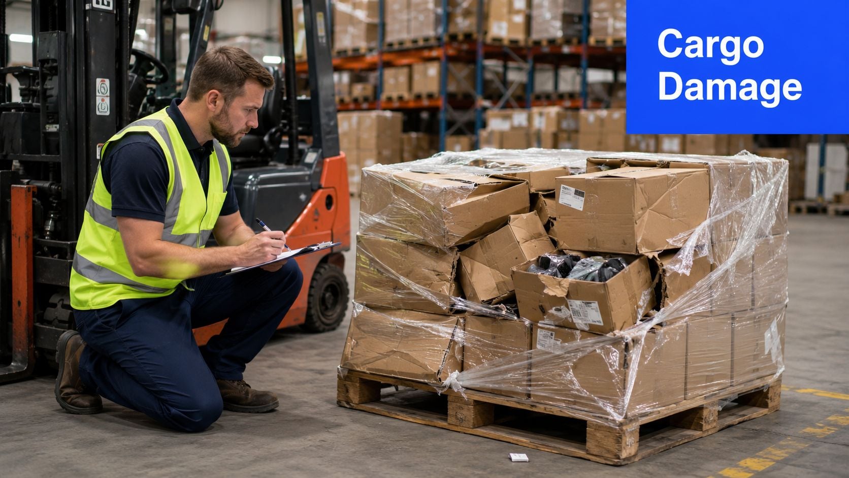 A warehouse worker in a high-visibility vest inspects damaged cardboard boxes on a pallet.