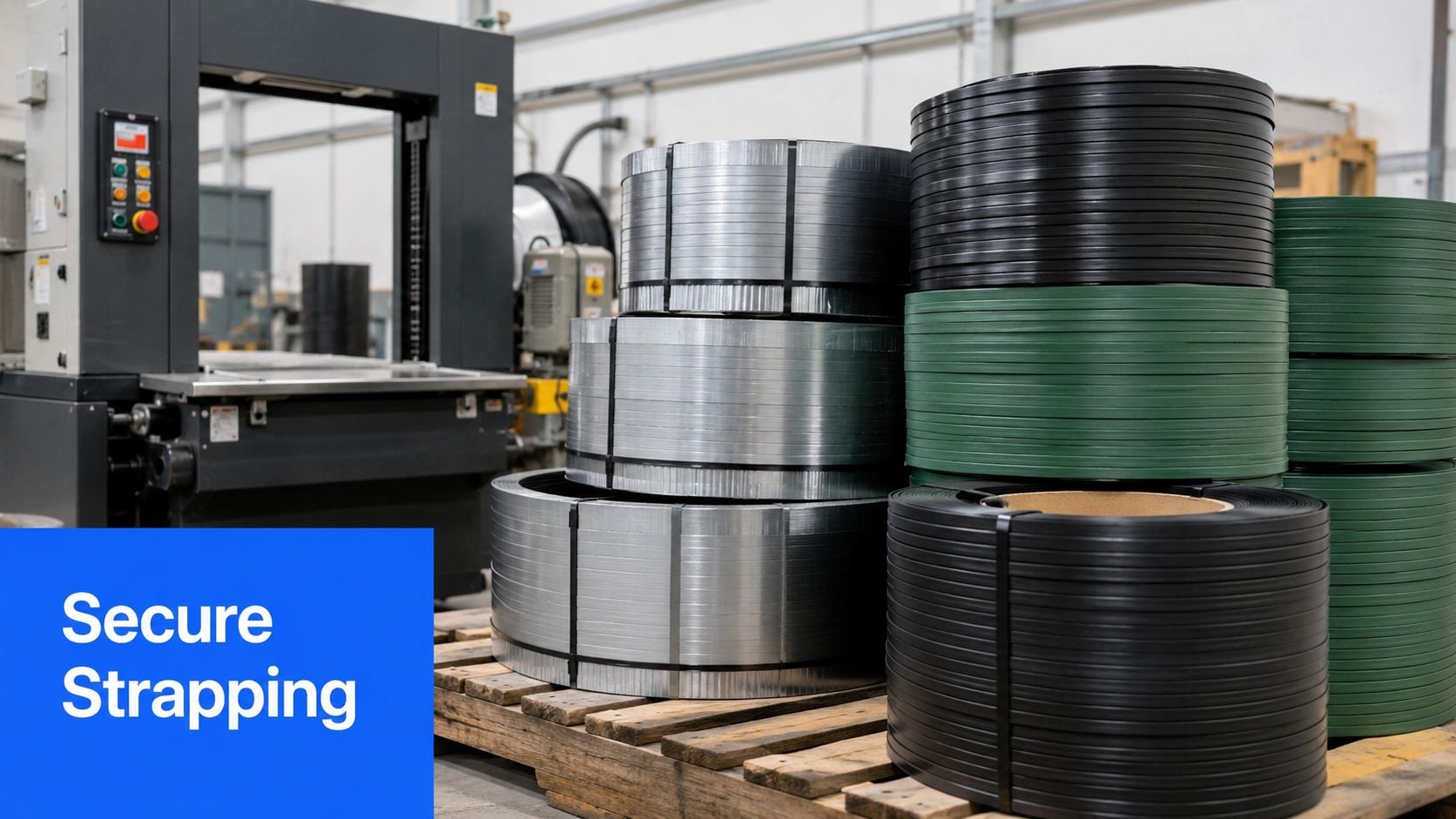 A pallet stacked with various rolls of plastic and metal industrial strapping bands near a strapping machine.