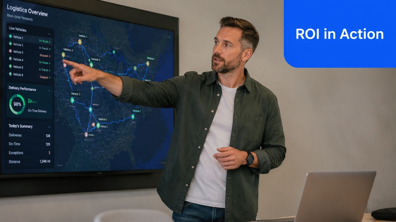 A professional man pointing at a logistics dashboard screen displaying real-time vehicle tracking and performance data.
