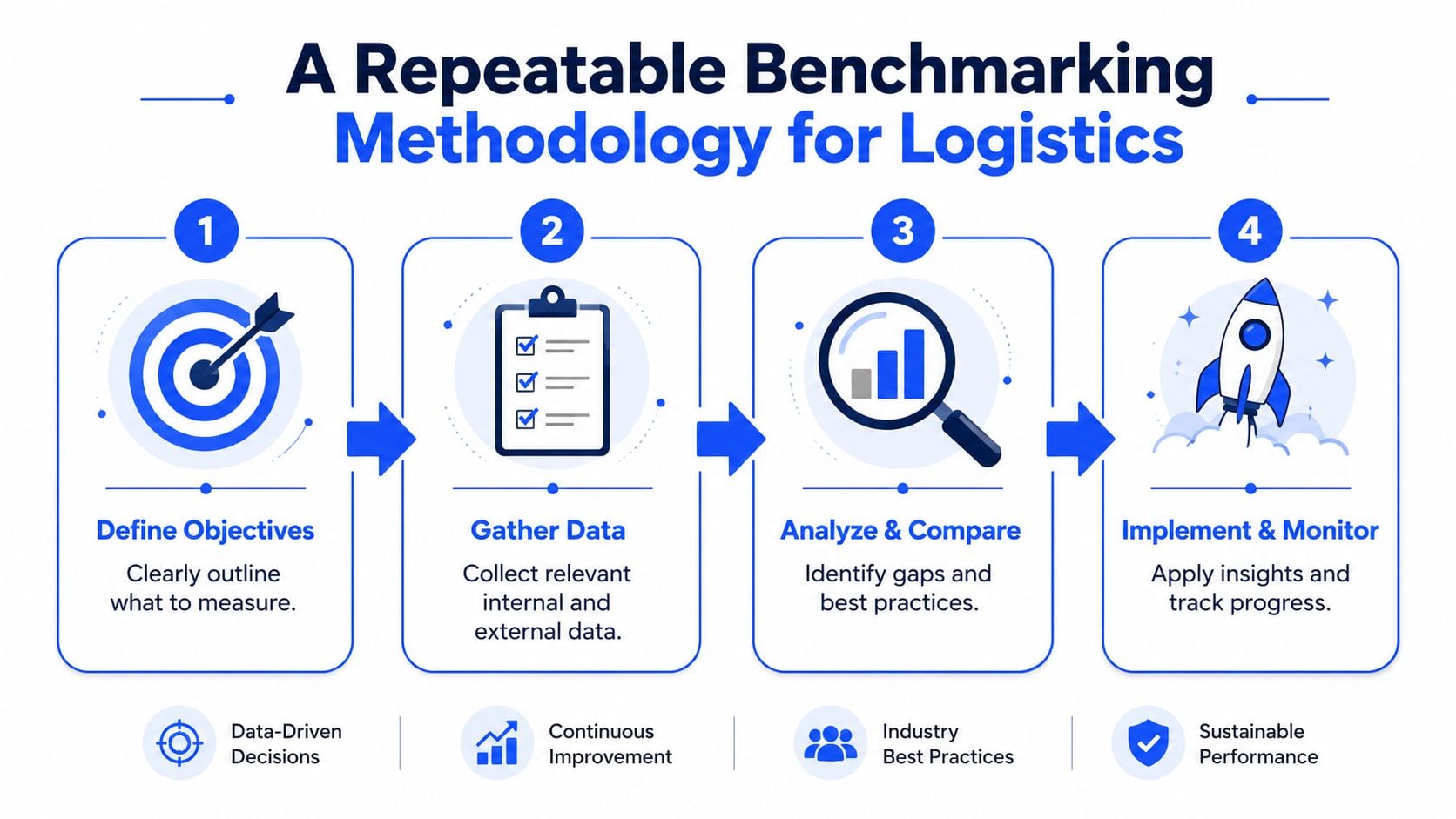 An infographic showing a four-step repeatable benchmarking methodology process for logistics management and continuous business improvement.