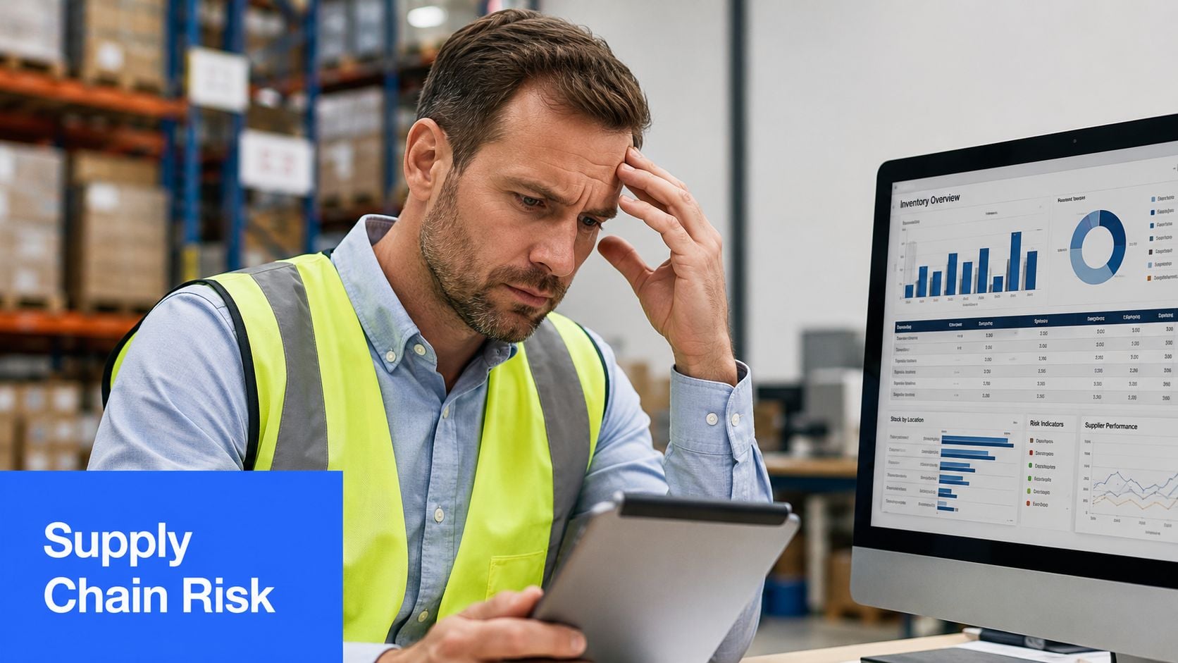 A concerned warehouse manager reviewing supply chain data on a digital tablet and computer screen.