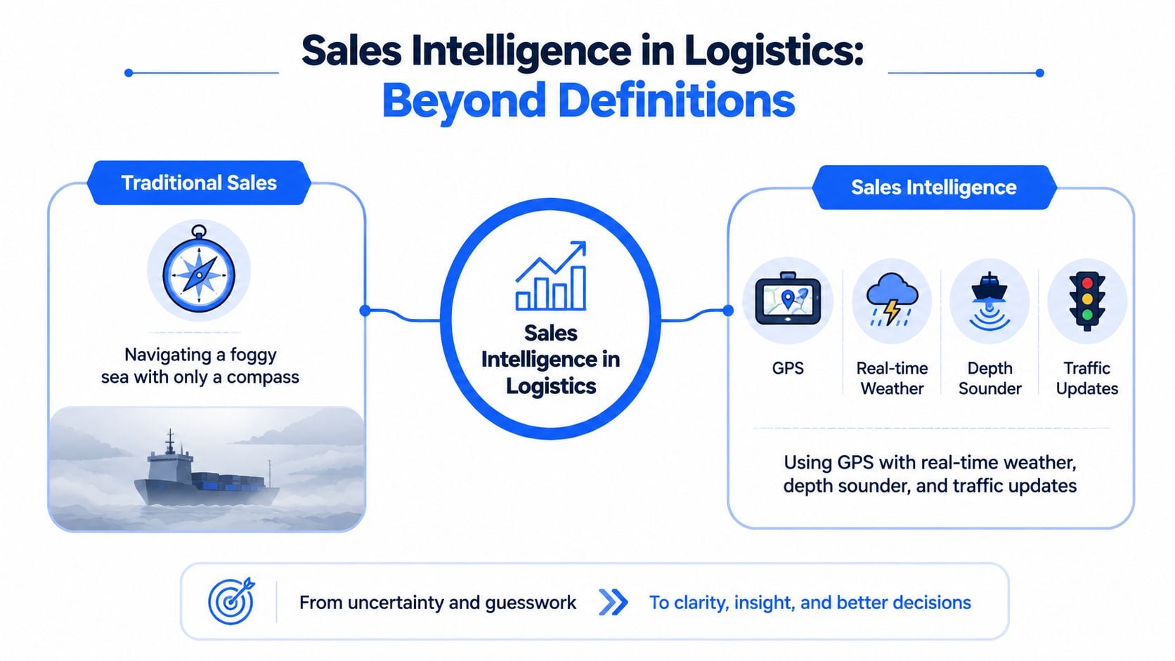 An infographic comparing traditional sales to modern sales intelligence in the logistics industry using navigation metaphors.