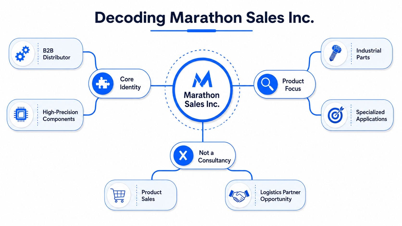 A diagram titled Decoding Marathon Sales Inc. detailing their core identity, product focus, and business model.