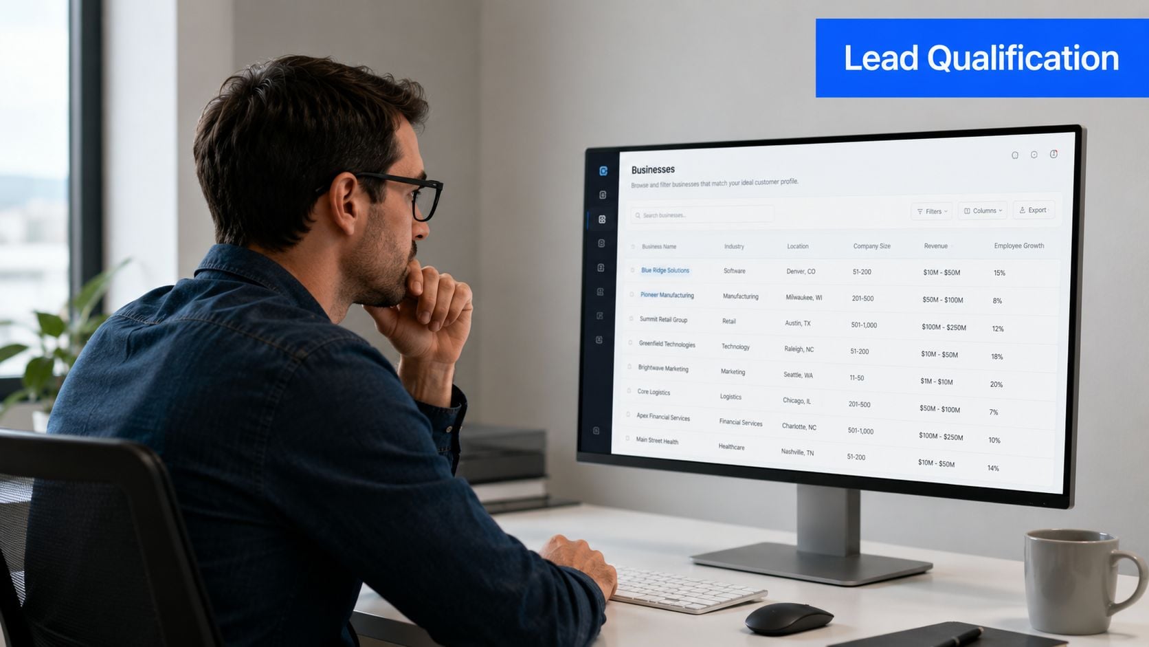 A professional man sitting at a desk looking at a lead qualification dashboard on a computer monitor.