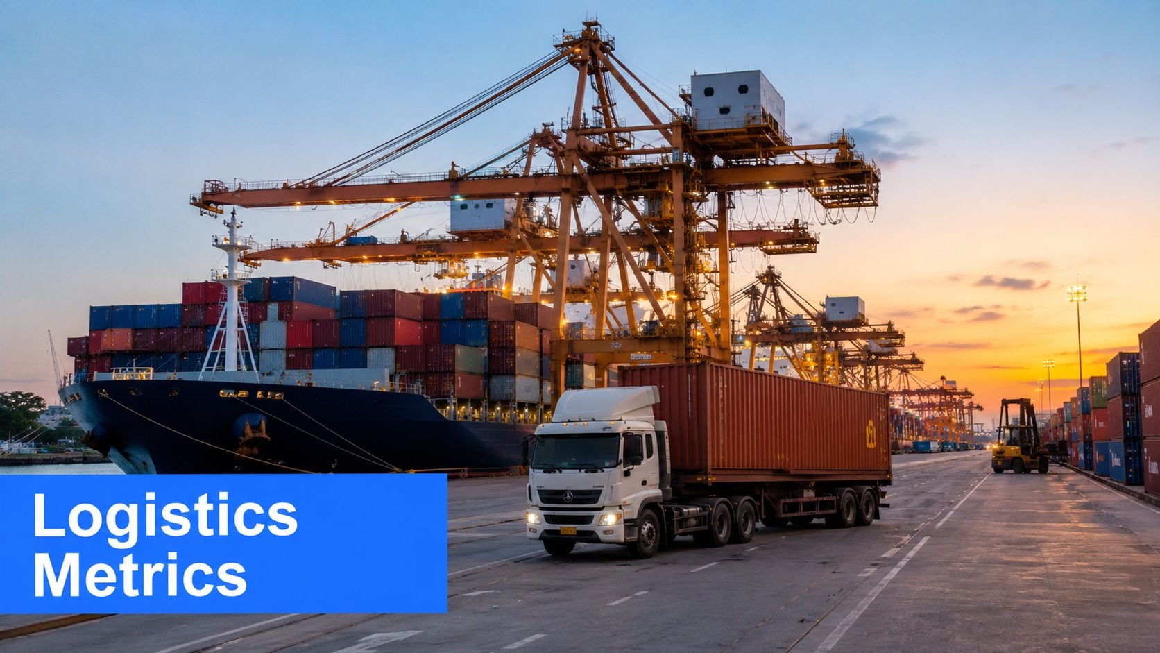 A container truck driving past a large cargo ship being loaded by cranes at a busy port.
