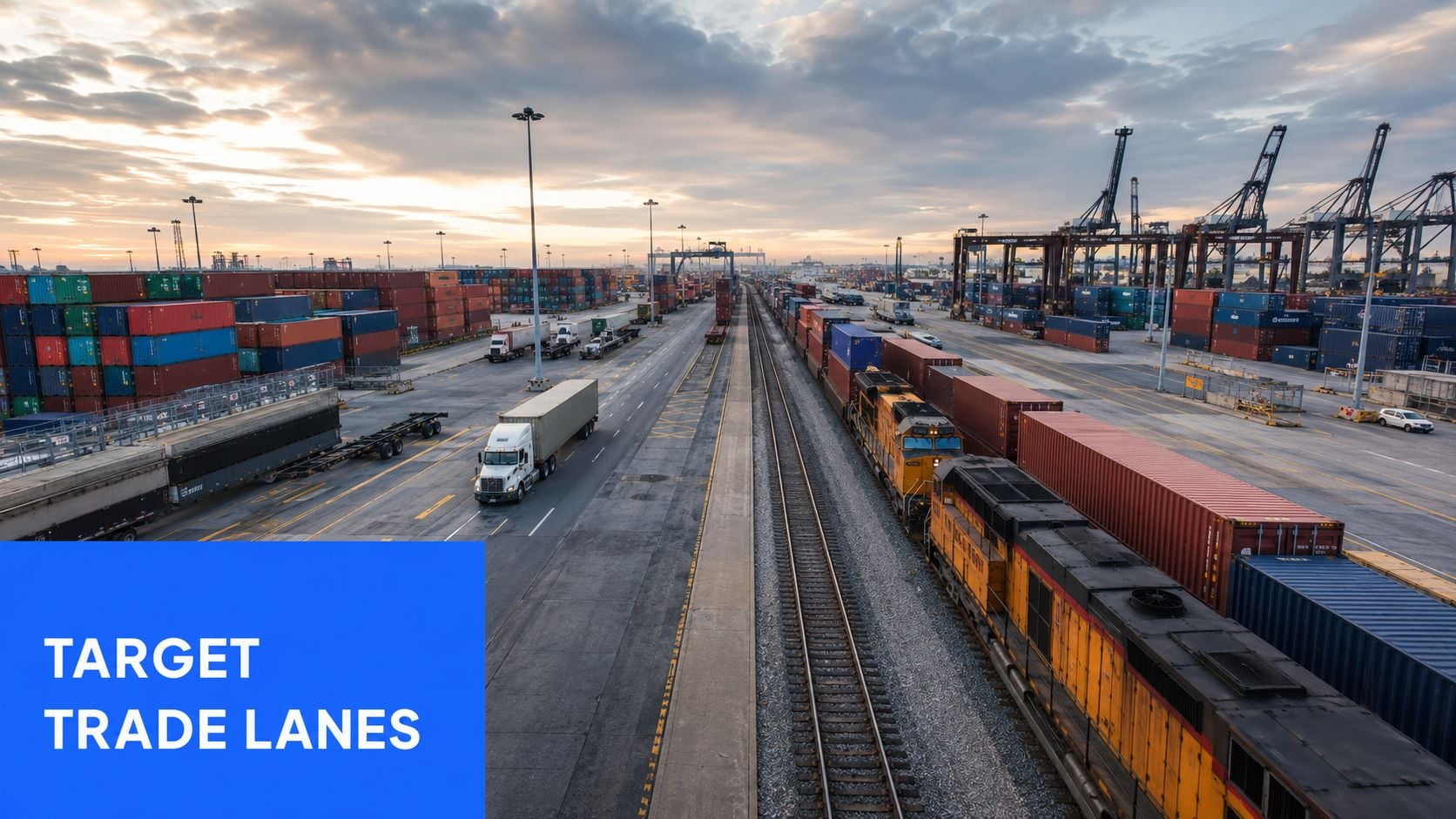 A busy shipping port terminal showing container trucks, long freight trains, and stacks of colorful cargo containers at sunset.
