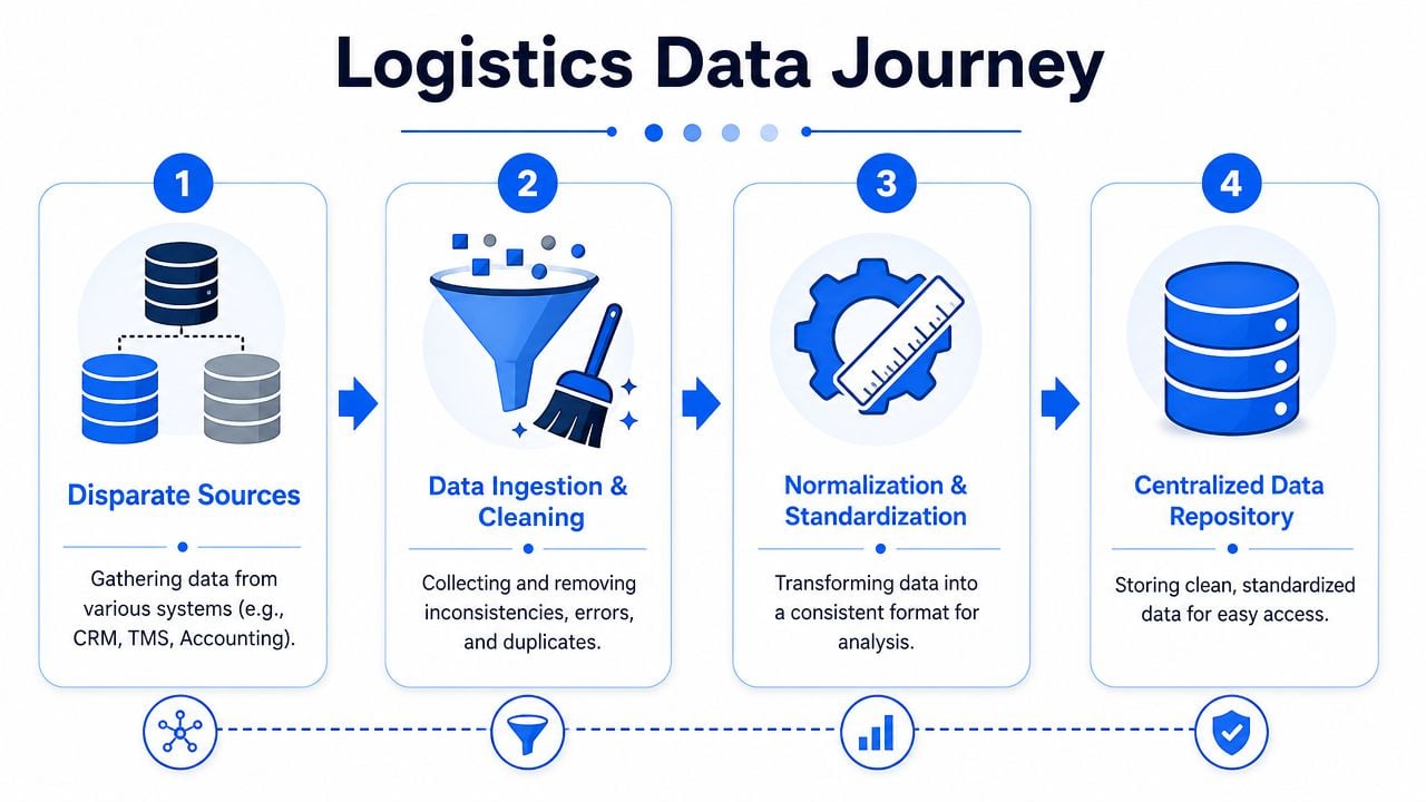 A four-step infographic illustrating the logistics data journey from disparate sources to a centralized repository.