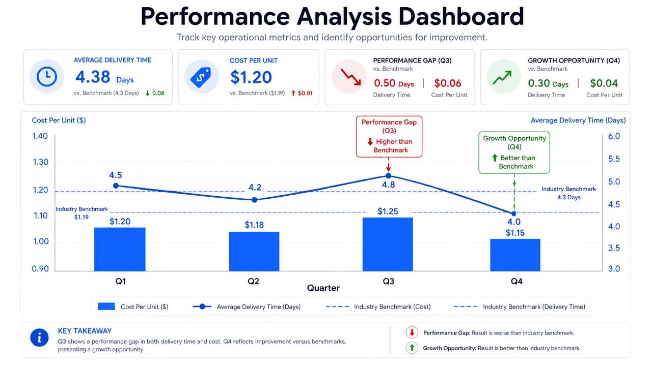 A performance analysis dashboard showing quarterly operational metrics for cost per unit and average delivery time.