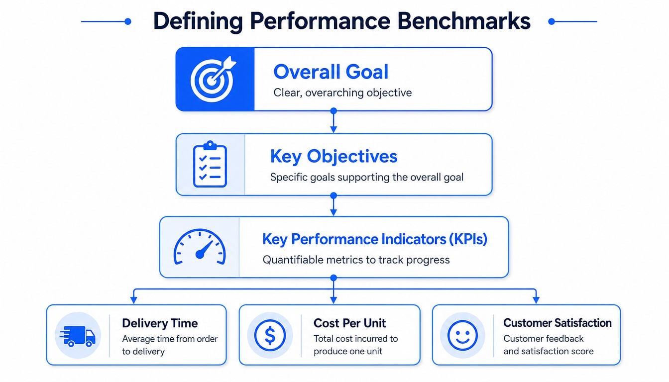 A hierarchical diagram explaining the process of defining performance benchmarks for business objectives and KPIs.
