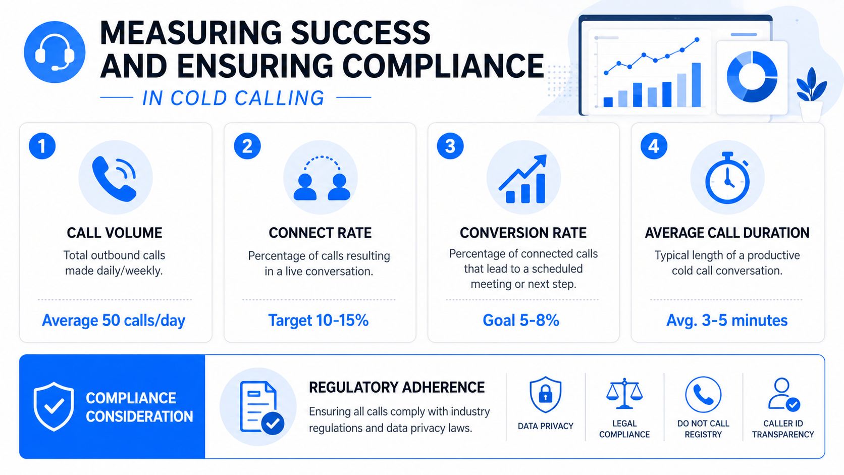 An infographic detailing key performance metrics and regulatory compliance considerations for successful cold calling in sales teams.