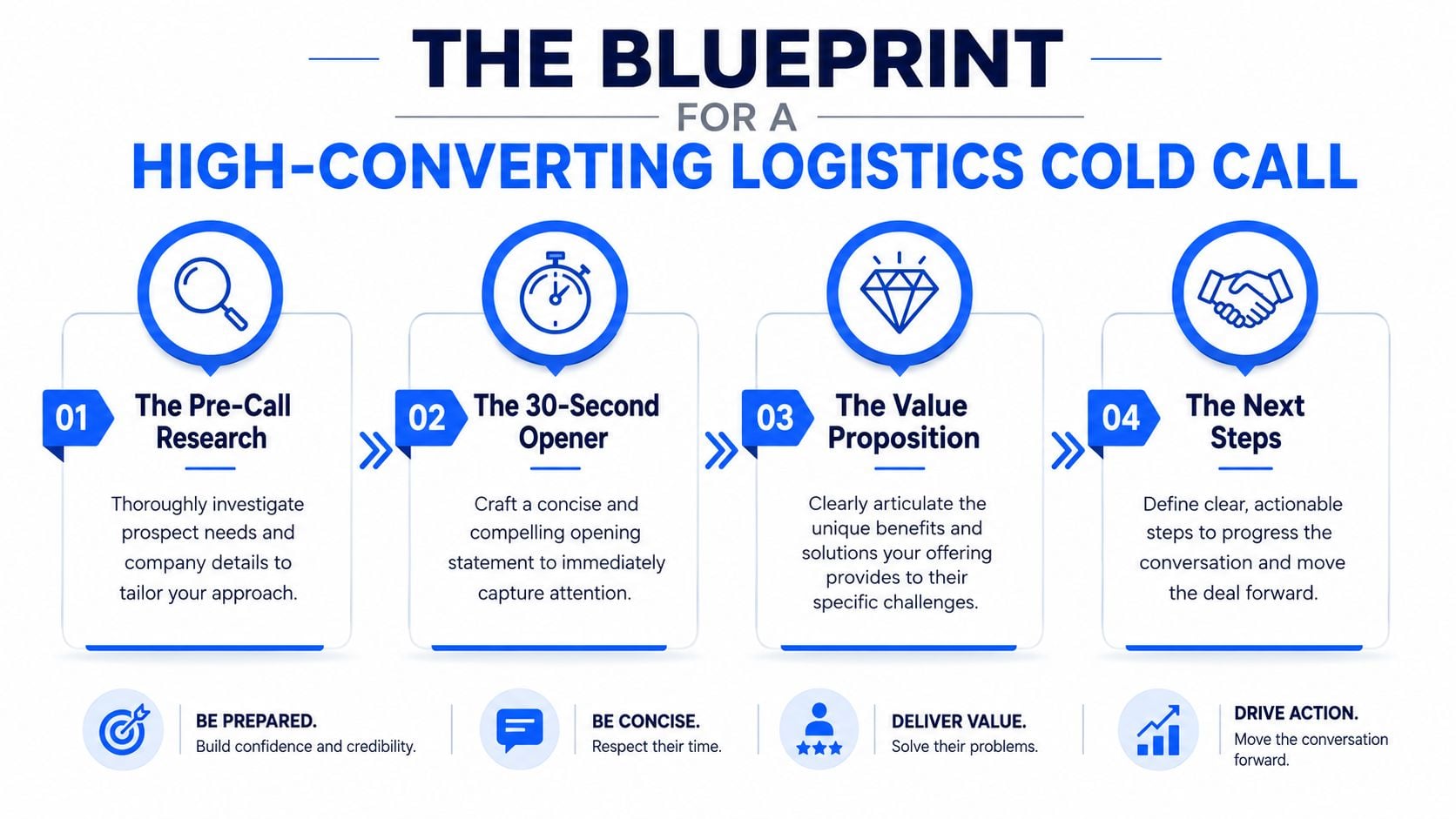 A four-step infographic showing the blueprint for conducting a high-converting logistics sales cold call.