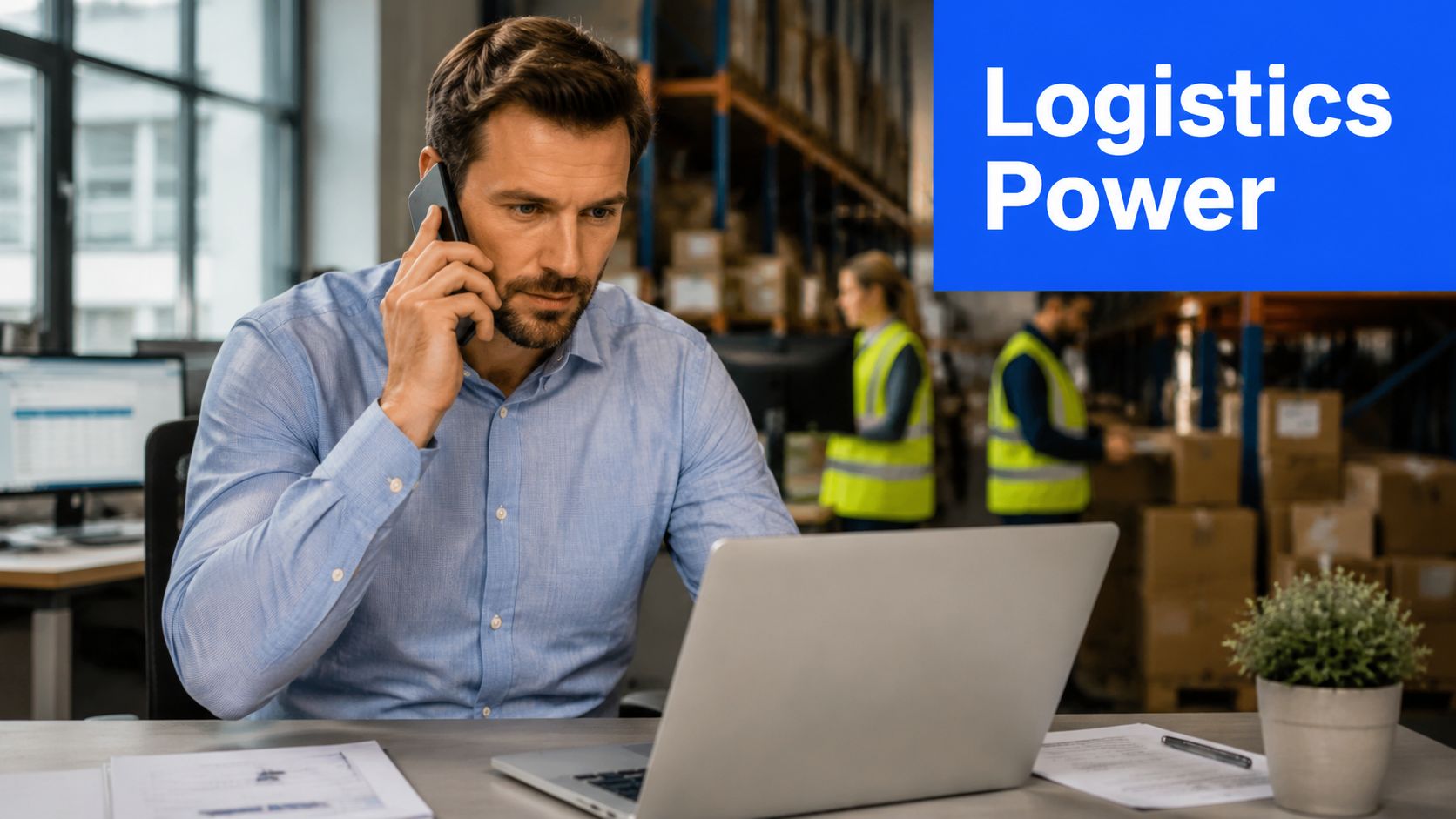 A professional man talks on the phone while working on his laptop in a warehouse office.