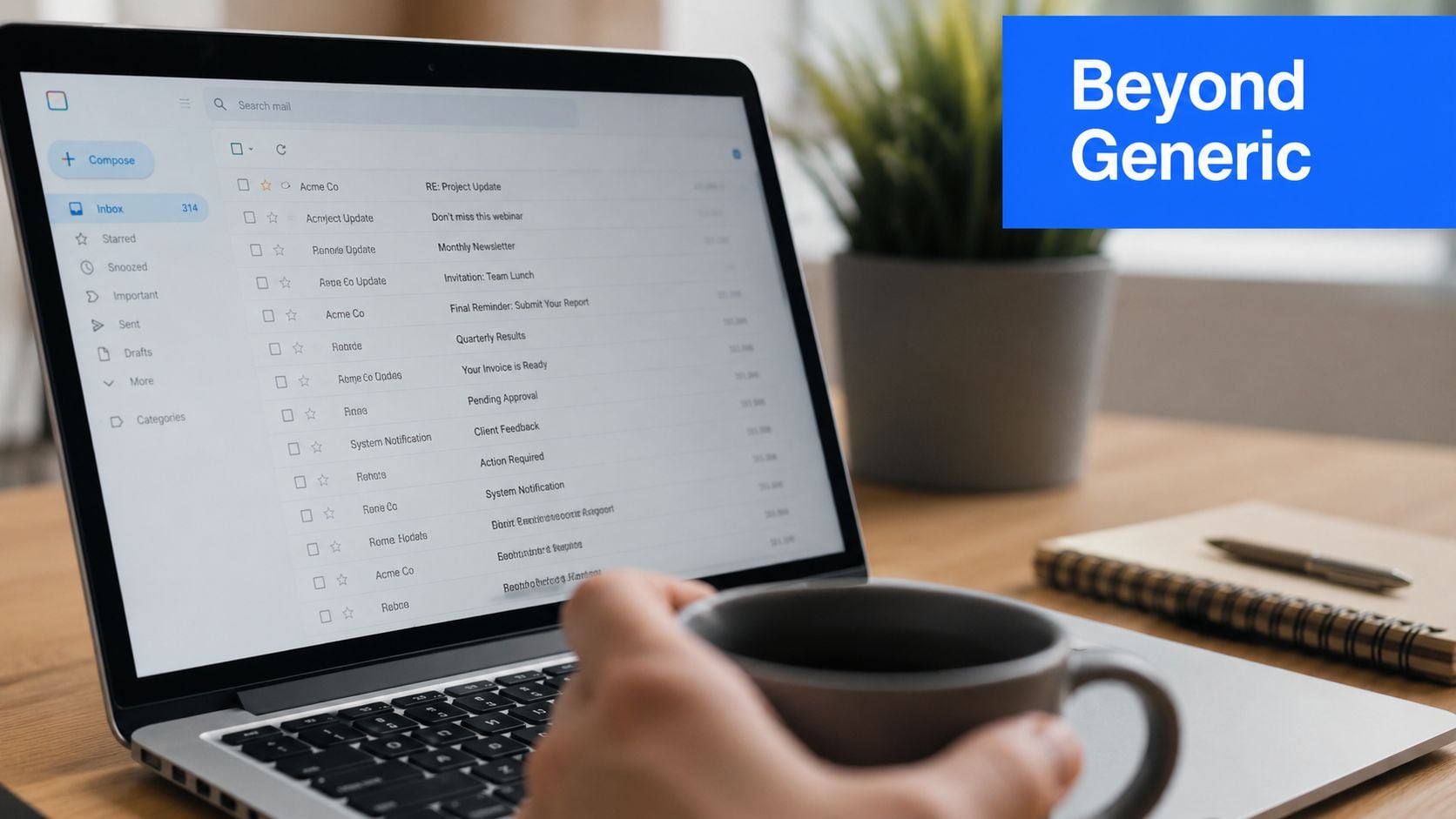 A person holds a coffee mug while viewing an email inbox on a laptop screen.